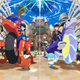 Scarlet-hued Pokemon and people in red-attire stand on the left side of the image while on the other, people and Pokemon of violet emphasis are featured, all in front of ornate academy buildings under a crystalline sky.